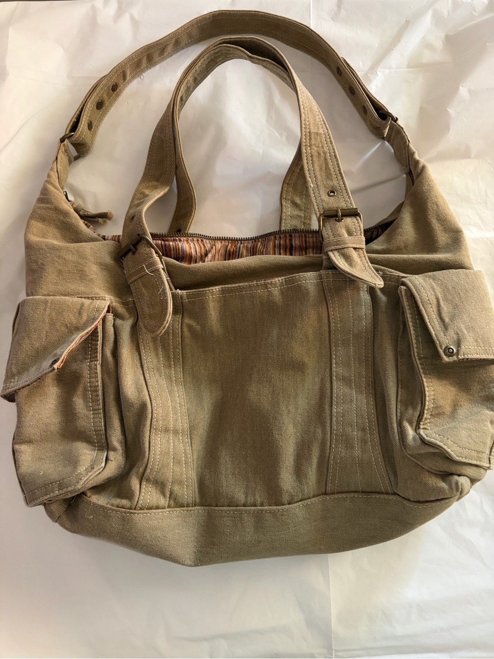 Khaki Canvas Utility Tote Bag | Multi Pocket Shoulder Bag